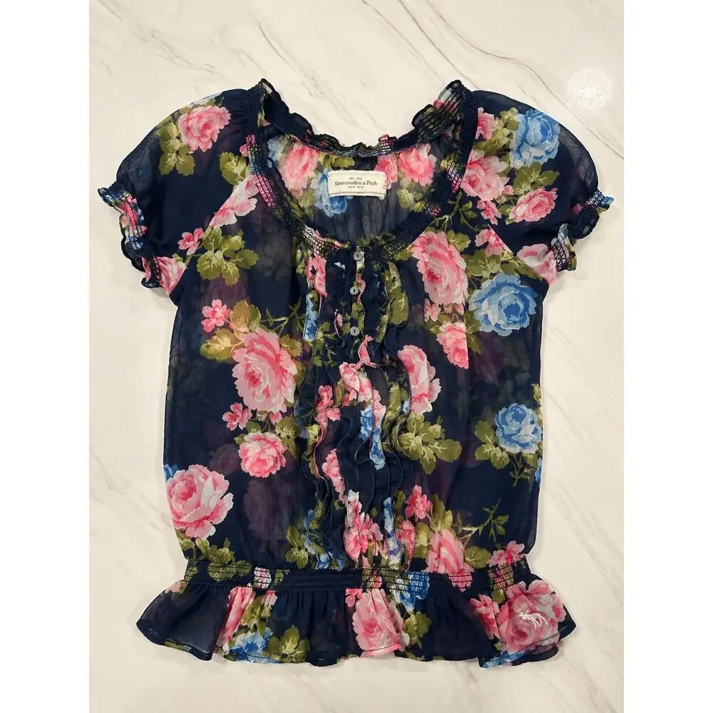 Abercrombie & Fitch Floral Chiffon Blouse M Navy Pink Ruffle Coquette Y2K